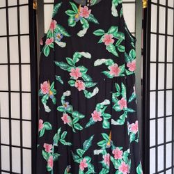 'Old Navy' Black floral sleeveless dress, pink hibiscus & blue parrots Sz. M