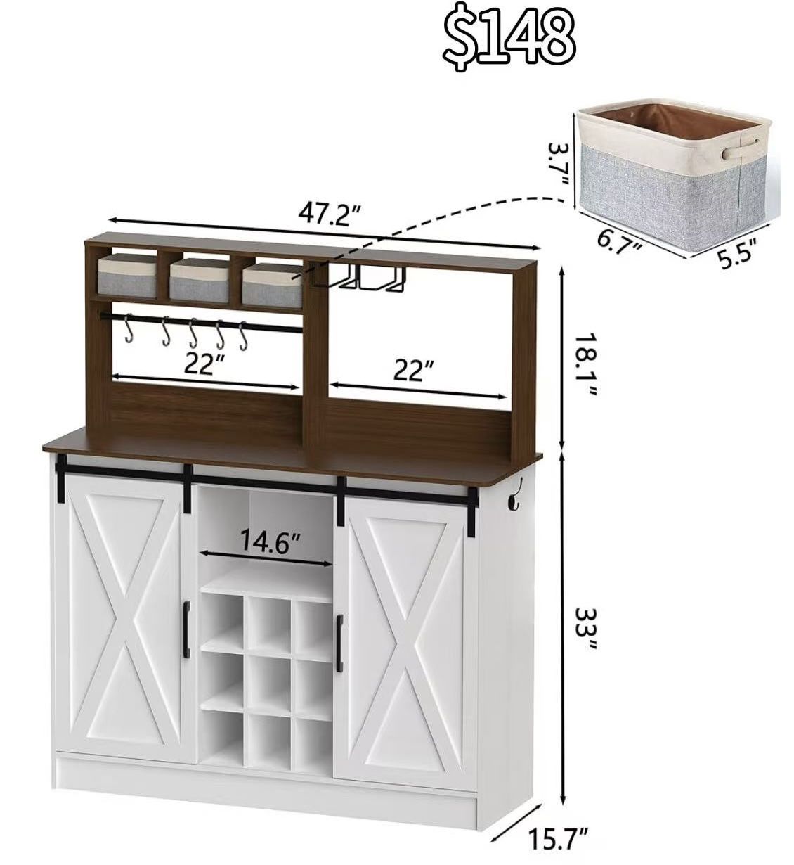 😀 Wine Bar Cabinet, Farmhouse Barn Doors Coffee Bar Cabinet with Adjustable Storage Shelves, Wooden Sideboard Buffet Storage Cabinet for Dining Room