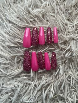 Long Pink & Glitter Press On Nails 
