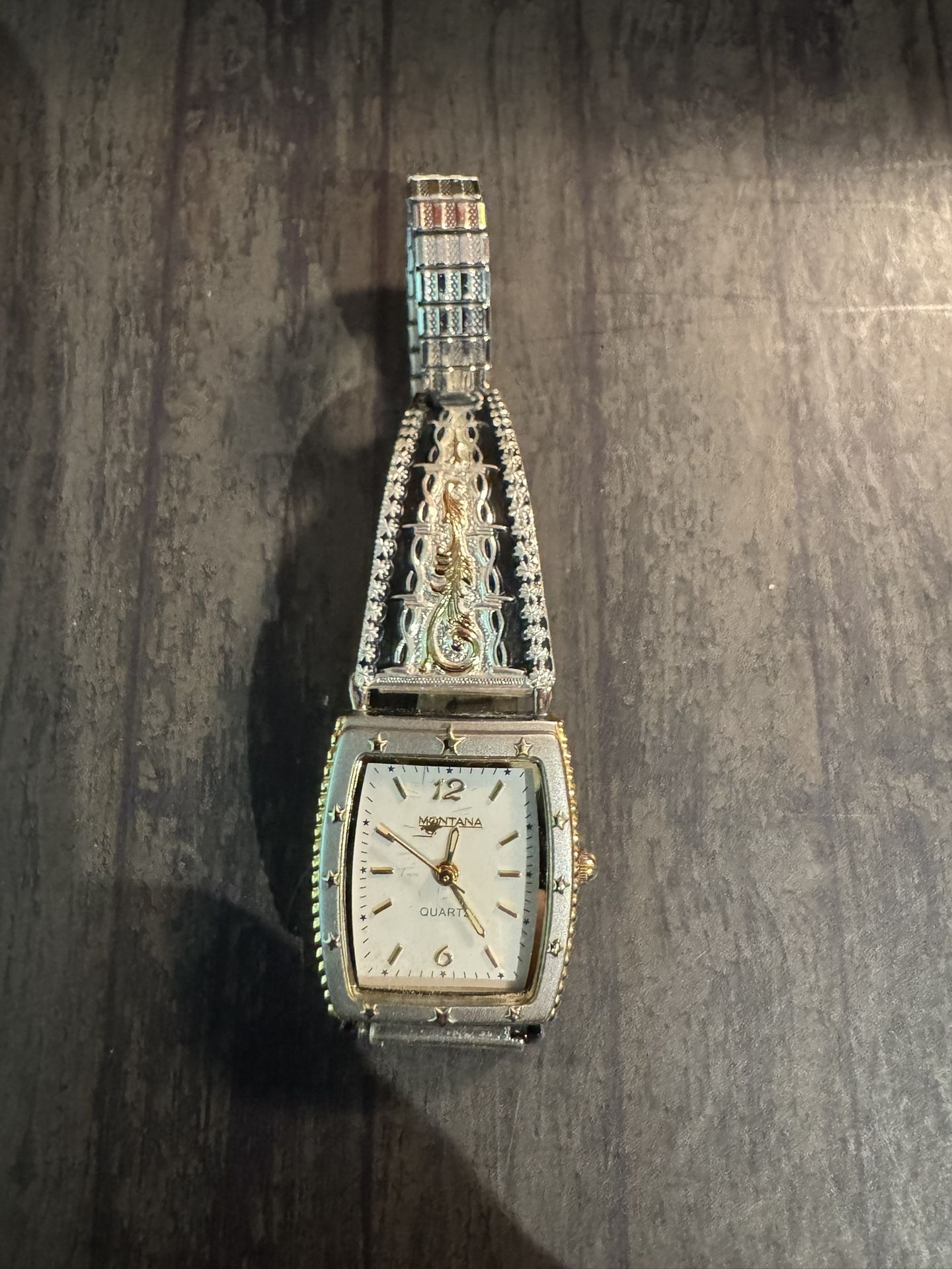 Vintage Montana Silversmiths Watch Silver Gold Triple Black Bracelet Watch. Needs Battery