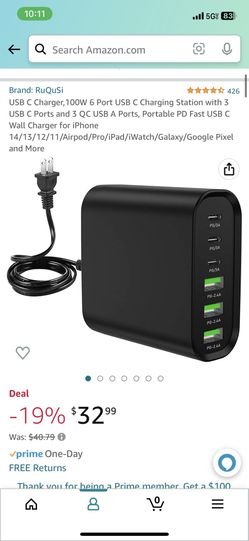 USB C Charger,100W 6 Port USB C Charging Station with 3 USB C Ports and 3 QC USB A Ports, Portable PD Fast USB C Wall Charger for iPhone 14/13/12/11/A