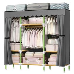 Portable Closet 57 Inch Wardrobe Closet Clothes Organizer with 3 Storage Shelves and 3 Hanging Rods, Cloth Closet of Colored Rods Grey Cover Quick and