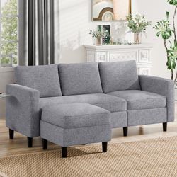New Mid Century Convertible Sectional Sofa with Reversible Armchair, L-Shaped Couch with Modern Linen Fabric for Small Space Light Gray  New in box US