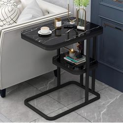 Black Marble-Top C-Shape Side Table with Shelf