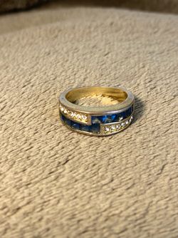 10kt gold plated Clear & Blue Rhinestone Checkerboard Goldtone Ring Size 7.5