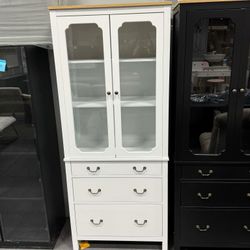 72"H Storage Display Cabinet with 2 Glass Doors and 3 Drawers for Living Room, White YJJ25026