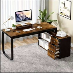 55" L Shaped Desk with Storage and Monitor Stand, Black Home Office Desk with Drawers and Shelves for Work Writing Study, Reversible Corner Desk with 