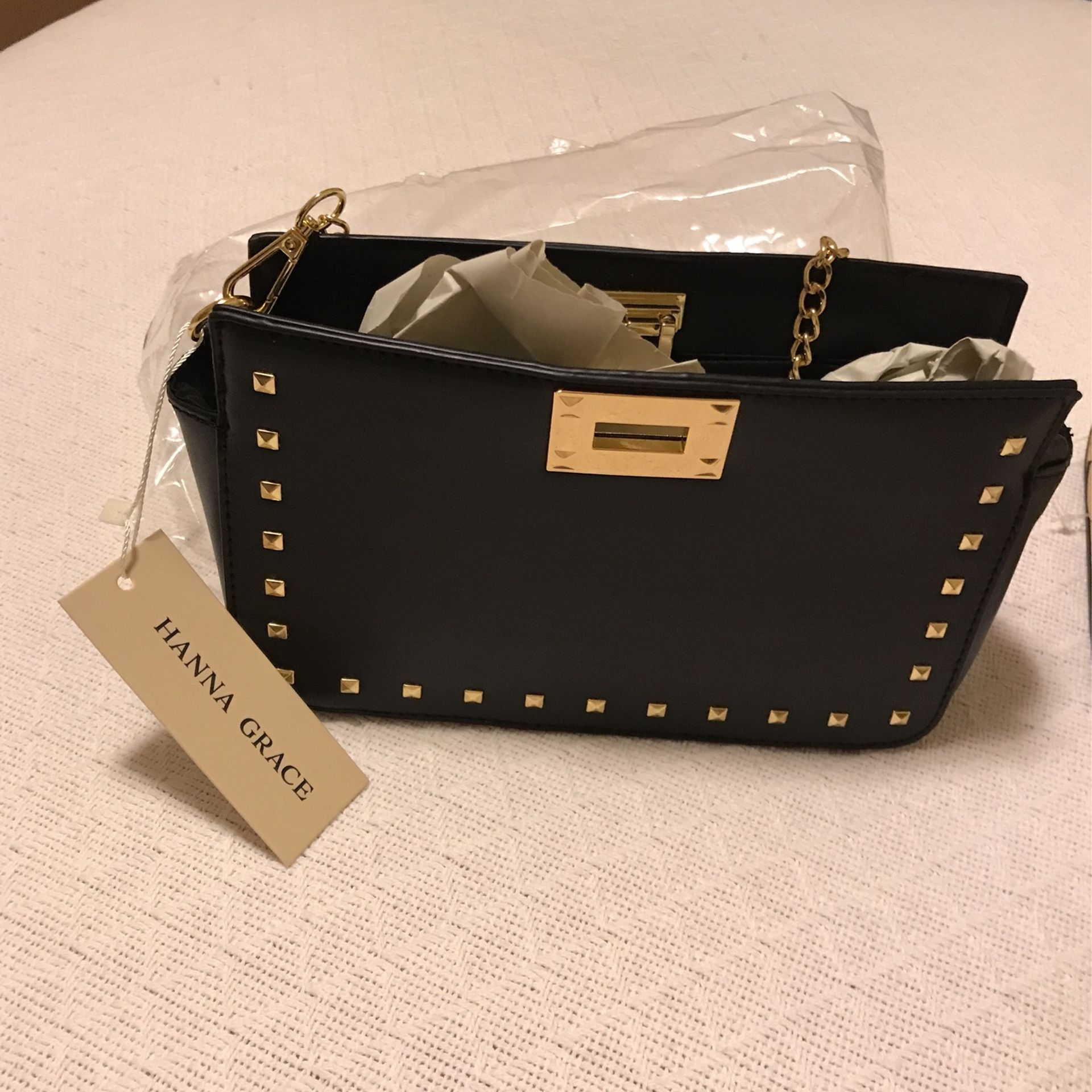 3 New purses, Hanna Grace Brand 2 Beige(gold Colored Chainshoulder Straps) and 1Black (Gold Colored Chain Shoulder Straps