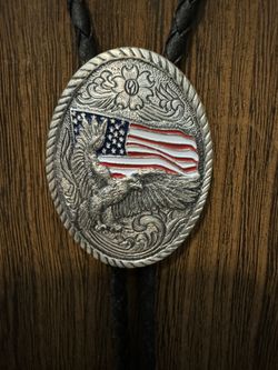 Solid Brass Eagle And American Flag Bolo Tie