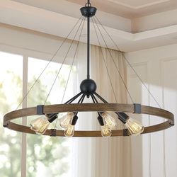8-Light, 38'' Round Metal and Wood Ceiling Light, Black and Wood Grain