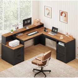 Black & Brown Farmhouse L Shaped Desk with Drawers