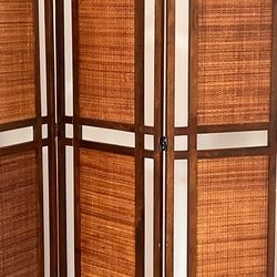 Vintage Solid Wood Folding Room Divider w/ Rattan Panels Privacy Screen