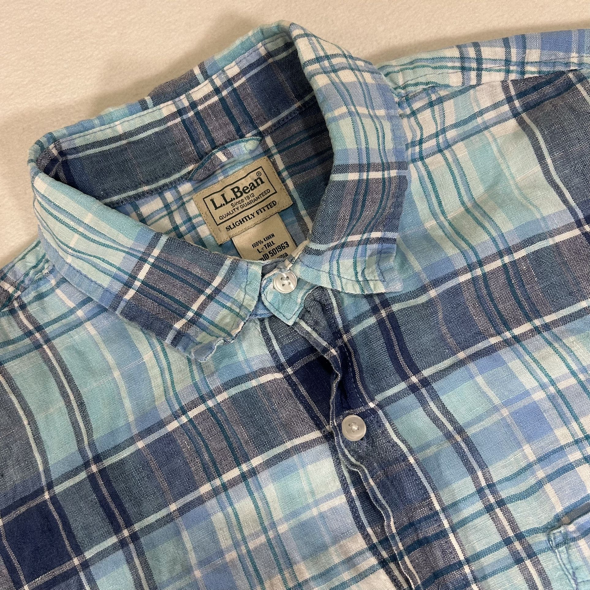 LL Bean Mens Large Tall Blue Plaid 100% Linen Short Sleeve Slightly Fitted Shirt