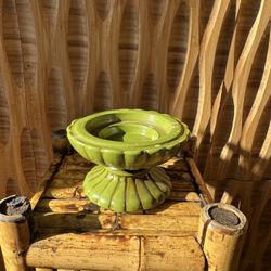 Vintage Green Pillar Candle Holder Fluted Pedestal Footed MCM Retro Boho Plant Pot Stand Riser Decor