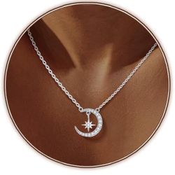 CeaKIev S925 Sterling Silver Moon and Star Necklace for Women, Dainty CZ Crescent Pendant, Jewelry Gift for Birthday, Anniversary, Valentine’s Day, Mo