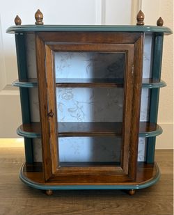 Vintage Wood and Teal Curio Display Cabinet