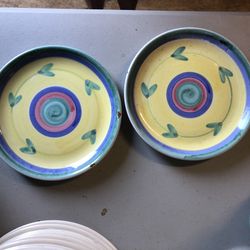 CALECA ITALIAN POTTERY, YELLOW WITH LEAVES, SALAD/DESSERT PLATES, 8”. SET OF TWO (2)