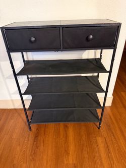 Black Metal Shoe Rack with 2 Fabric Drawers