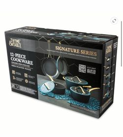 Thyme & Table 12-Piece Ceramic Non-Stick Signature Ribbed Cookware Set, Non-Toxic Pots and Pans Set - Peacock Blue