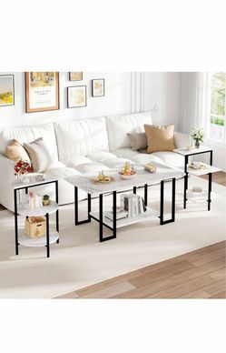 Hooseng Coffee Table Set of 3 Coffee Table and end Table Sets, Modern Living Room Table Set with Metal Frame for Apartment Home Office White & Black  