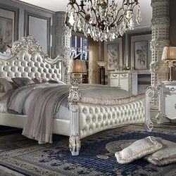 ANTIQUE PEARL FINISH BRUSHED GOLD ACCENTS 4 PIECE QUEEN BEDROOM SET BED NIGHT STAND DRESSER MIRROR - JUEGO DE RECAMARA
