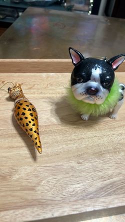 Specialty Christmas NWT ornaments, French bulldog and cheetah