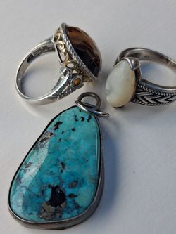 Ring sterling  1 sterling  and Mother Pearl  2 Tiger eyes 3 Stone turckie  and sterling