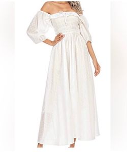 Off-Shoulder White Maxi Dress with Smocked Bodice and Balloon Sleeves