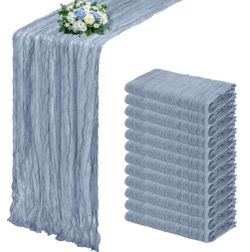 RealBox 12 Pack Dusty Blue Cheesecloth Table Runner 17x108 Inch Semi Sheer Boho Gauze Cheese Cloth Fabric Table Runners, For Wedding Party Baby Shower