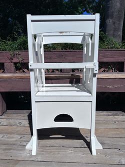 Foldable white wooden kitchen step up for toddlers