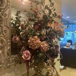 Large Silk Flower Arrangement In Ornate Vase 