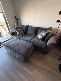 Large Gray Fabric Sofa with Ottoman