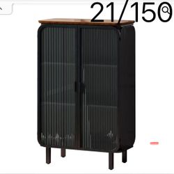 “28.35” Glass Doors Modern Two-door Cabinet, Three-tier Storage, Fir Top, Black+Brown”
