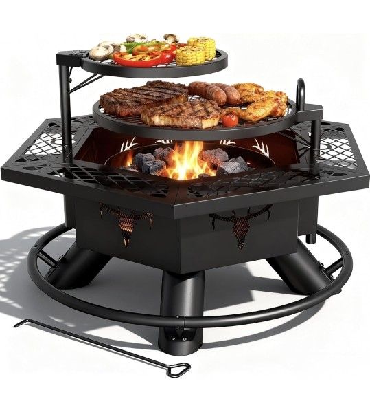 OUTDOORS Fire Pit with BBQ, Outdoor Fire Pit for Wood Burning, Patio Firepits for Outside with Grill