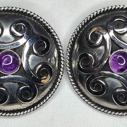 Vintage Sterling Silver 925 Retro Stud Earrings 1970s - 1980s Amethyst 