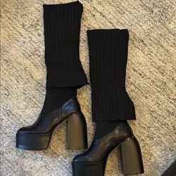 LEILA LAYERED KNIT DETAIL SQUARE TOE PLATFORM BLOCK HEEL CALF BOOT IN BLACK FAUX LEATHER Size 7