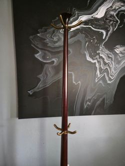Wood and Brass Standing Coat Rack