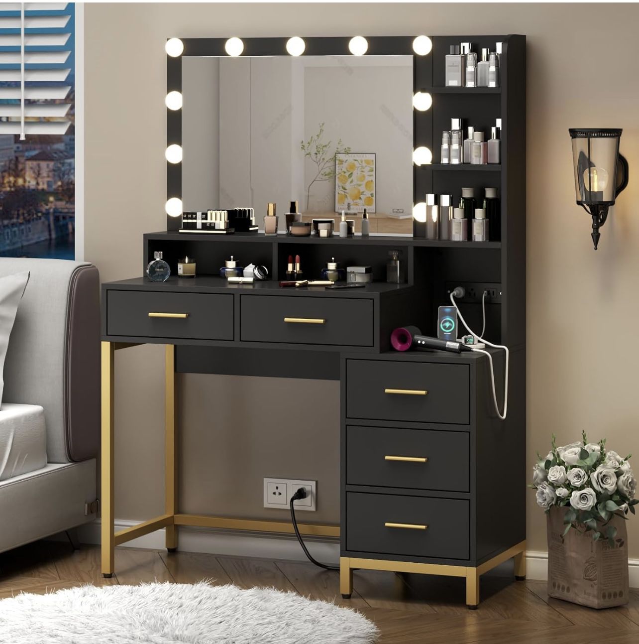 Vanity Desk with Lighted Mirror & Power Outlet