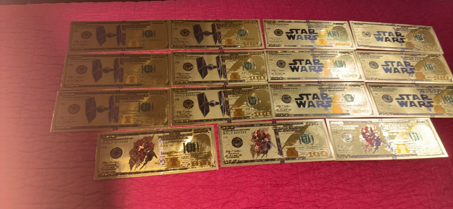 15 piece 24 K gold foil Star Wars collectible banknotes. Mint.