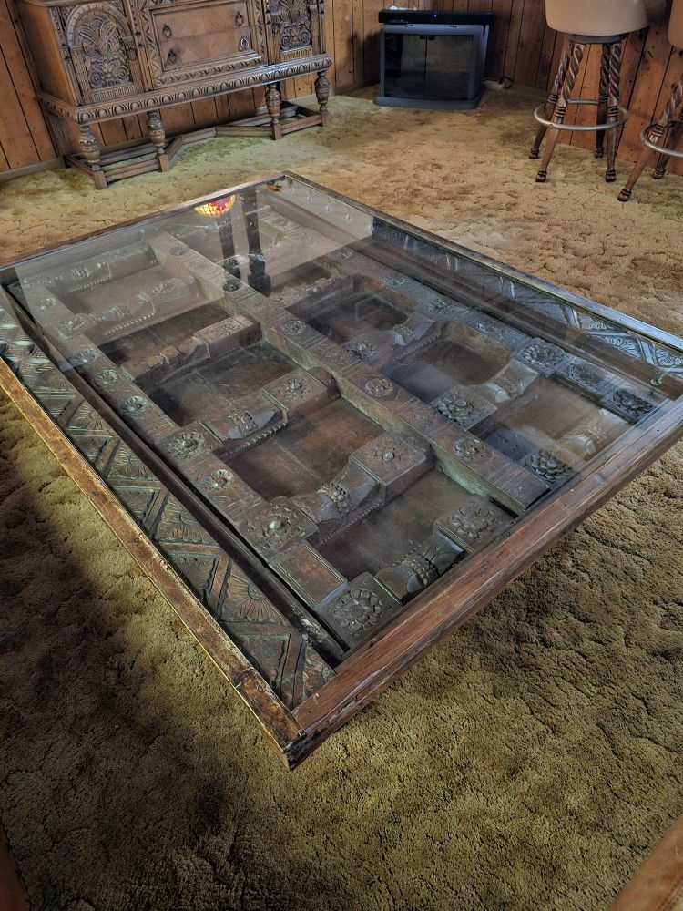 Ultra Cool Antique Coffee Table With Wooden Spanish Castle Door Top ! Glass Cover ! Good Condition!