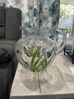 Fifth Avenue Christl LTD spring butterfly and ladybug crackle picture made in Romania Fifth Avenue Crystal LTD butterfly and ladybug crackle pitcher m