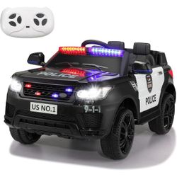 Electric Police Car for Kids, 12 Volt Kids Ride on Toys w/ Music, Megaphone, Remote, Bluetooth - Black