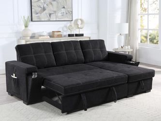 Reversible Sofa Sleeper Sectional with Storage Chaise in Black Woven Fabric