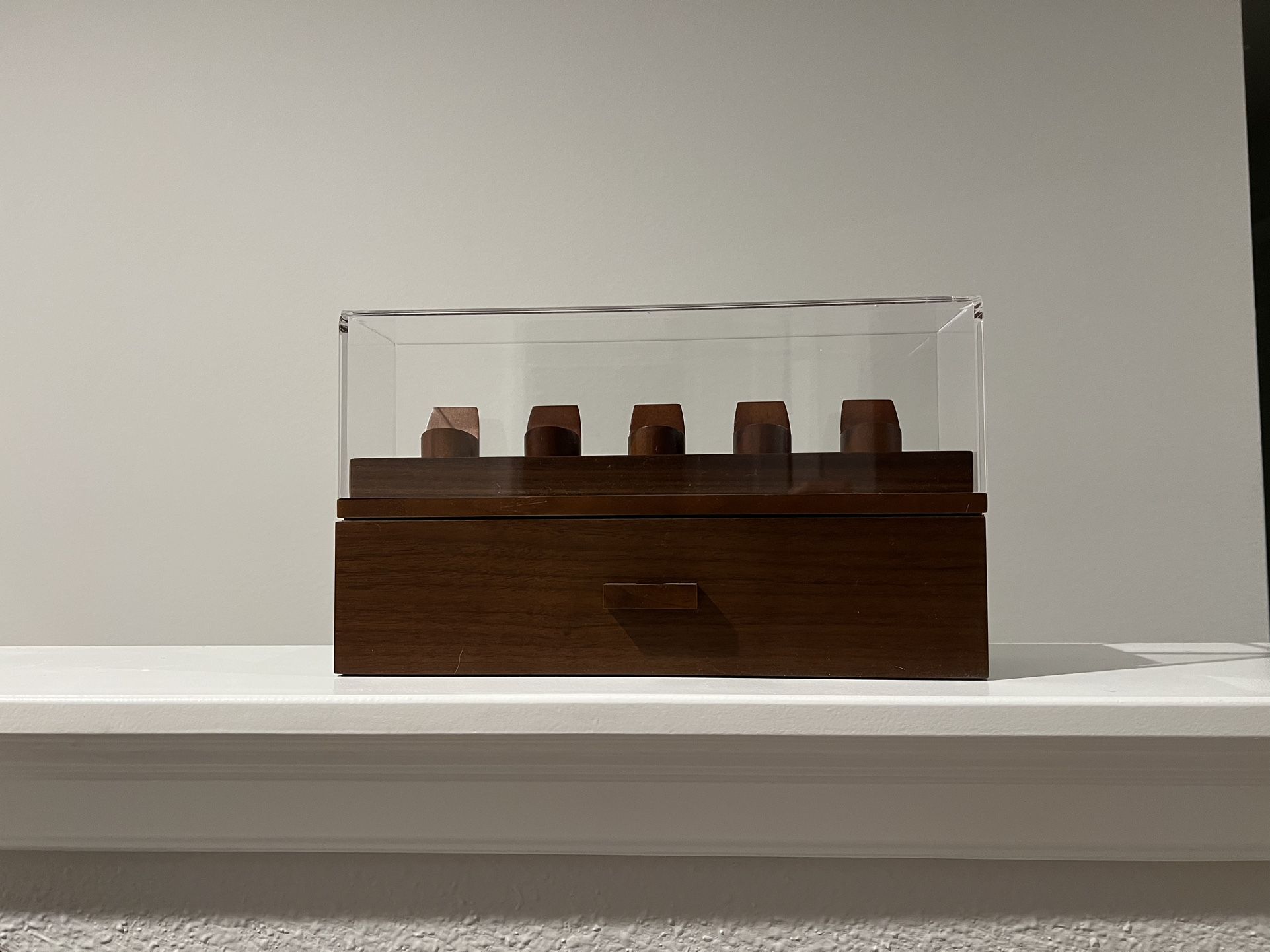 Wood Military Coin & Badge Display Case w/ Acrylic Cover + Drawer – 5 Slot Holder