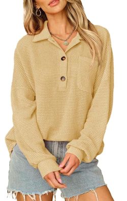 Women Lightweight Solid Color Dressy Top Long Sleeve V Neck Blouses Waffle Shirts Soft Button Pullover