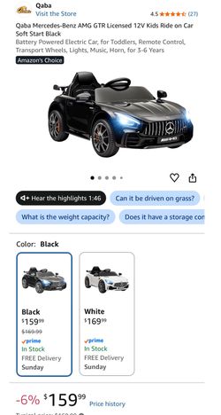 Mercedes-Benz AMG GTR Licensed 12V Kids Ride on Car Soft Start Black Battery Powered Electric Car
