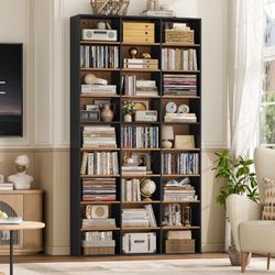 27-Cube 9-Tier Bookcase, 75" Tall Triple-Wide CD Media Storage Organizer with 15 Adjustable Shelves, Large Cube Storage Organizer, Black & Oak