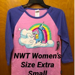 NEW Size Extra Small Womens FORTNITE Brite Bomber SHIRT  Unicorn and rainbow print Cotton Raglan baseball style Shirt LADIES SIZES: X SMALL (2 ava