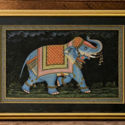 ⭕️ Vintage Framed Elephant Artwork – Hand-Painted Style Under Glass – 38 x 27