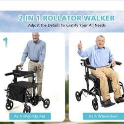 New ELENKER 2 in 1 Rollator Walker & Transport Chair Rolling Mobility Walking Aid with Seat Belt Padded Seat and Detachable Footrests 